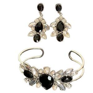 Charming Charlie Black Crystal Jewelry Bangle Bracelet + Drop Earrings